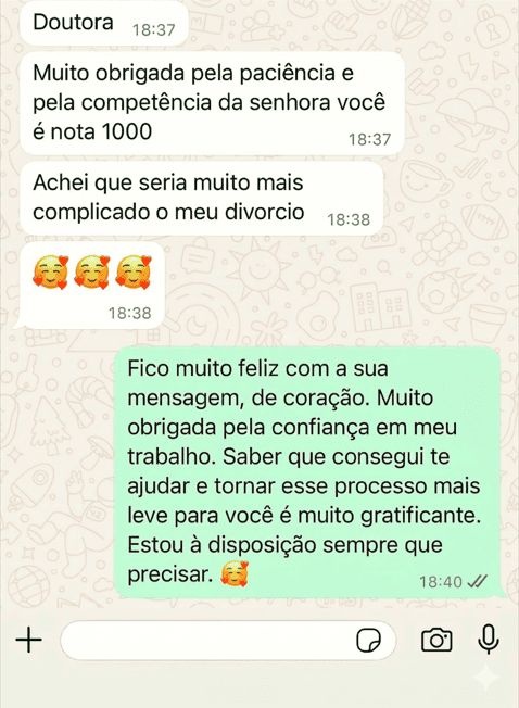 Mensagem de satisfação com o resultado do caso