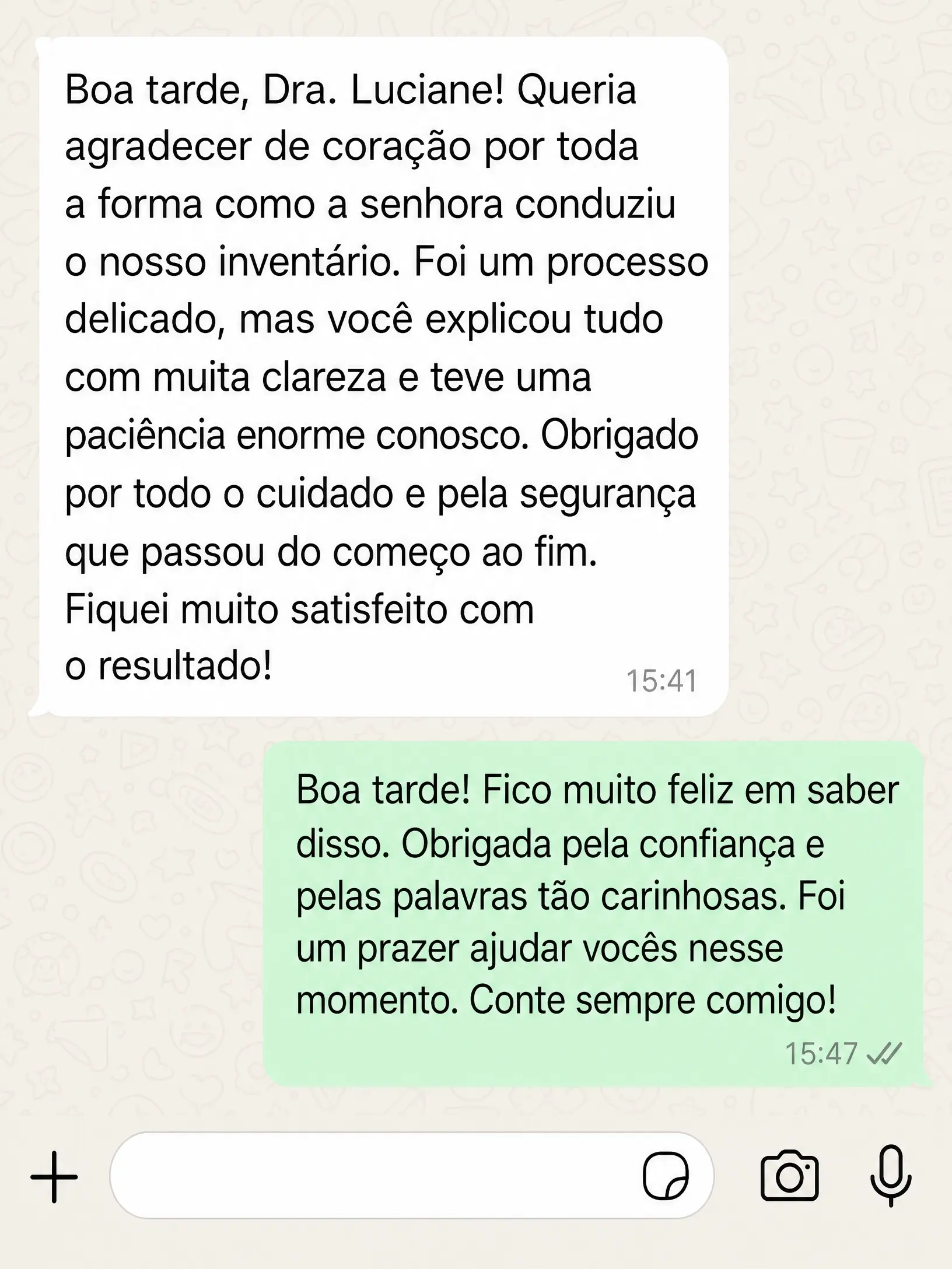 Cliente agradece a condução do inventário e destaca a clareza nas explicações e a paciência durante o processo